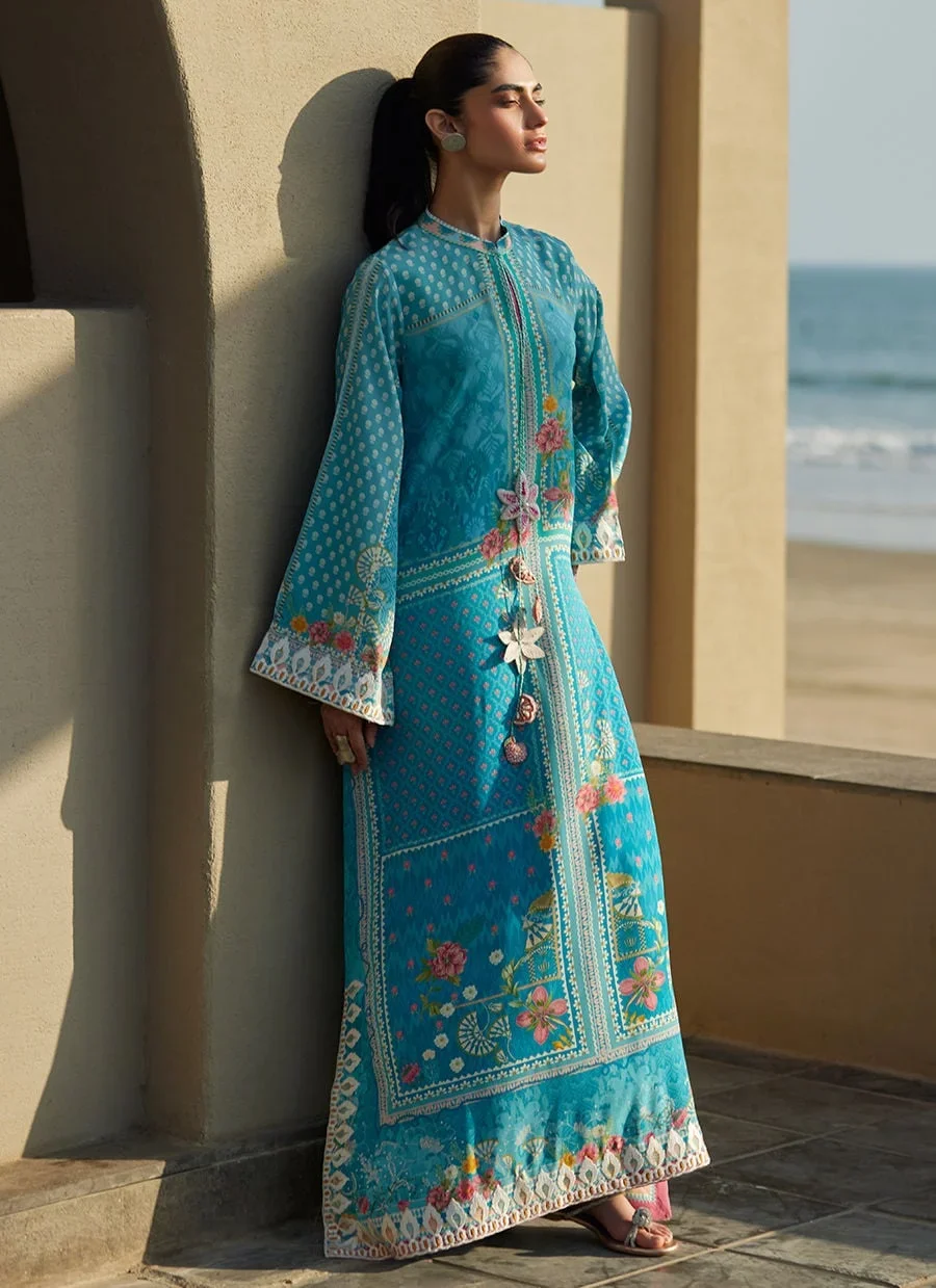 Amaris Sky-Blue Crepe Kaftan – Farah Talib Aziz Casual Wear Image 4
