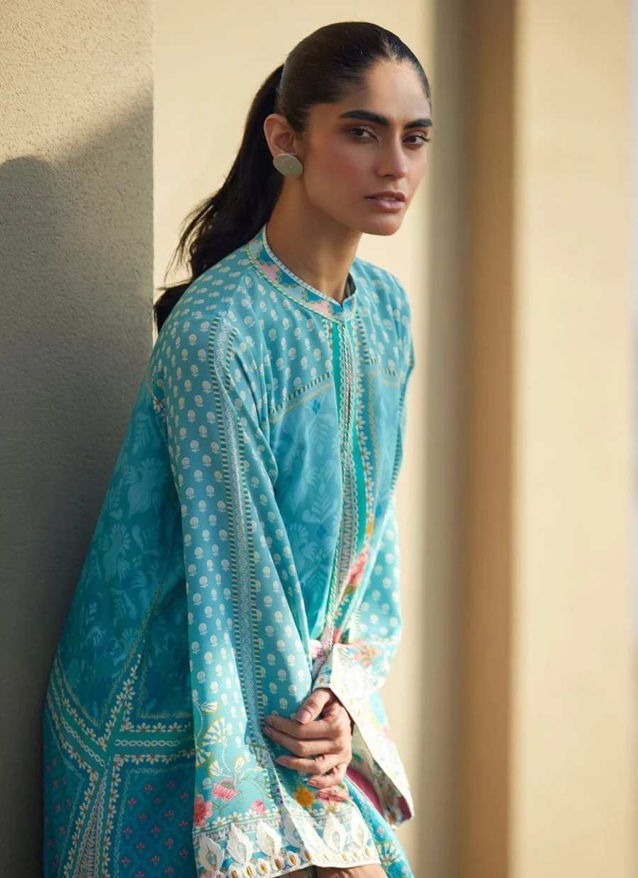 Amaris Sky-Blue Crepe Kaftan – Farah Talib Aziz Casual Wear Image 7
