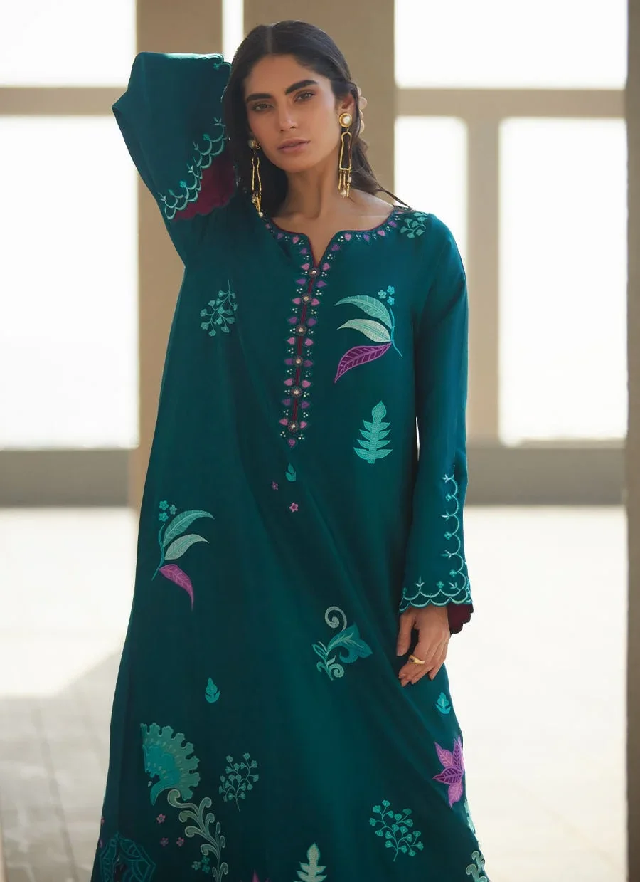 Azurea Teal Silk Kaftan – Farah Talib Aziz Luxury Pret Image 1