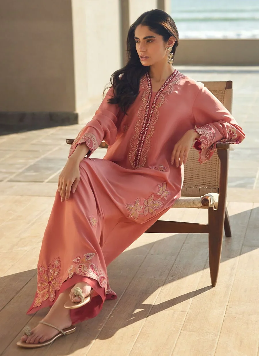 Nami Coral Silk Kaftan – Farah Talib Aziz Casual Wear Image 11